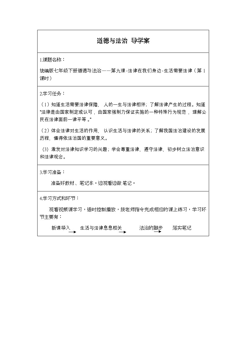 统编版道德与法七年级下册9.1 生活需要法律(1)学案01