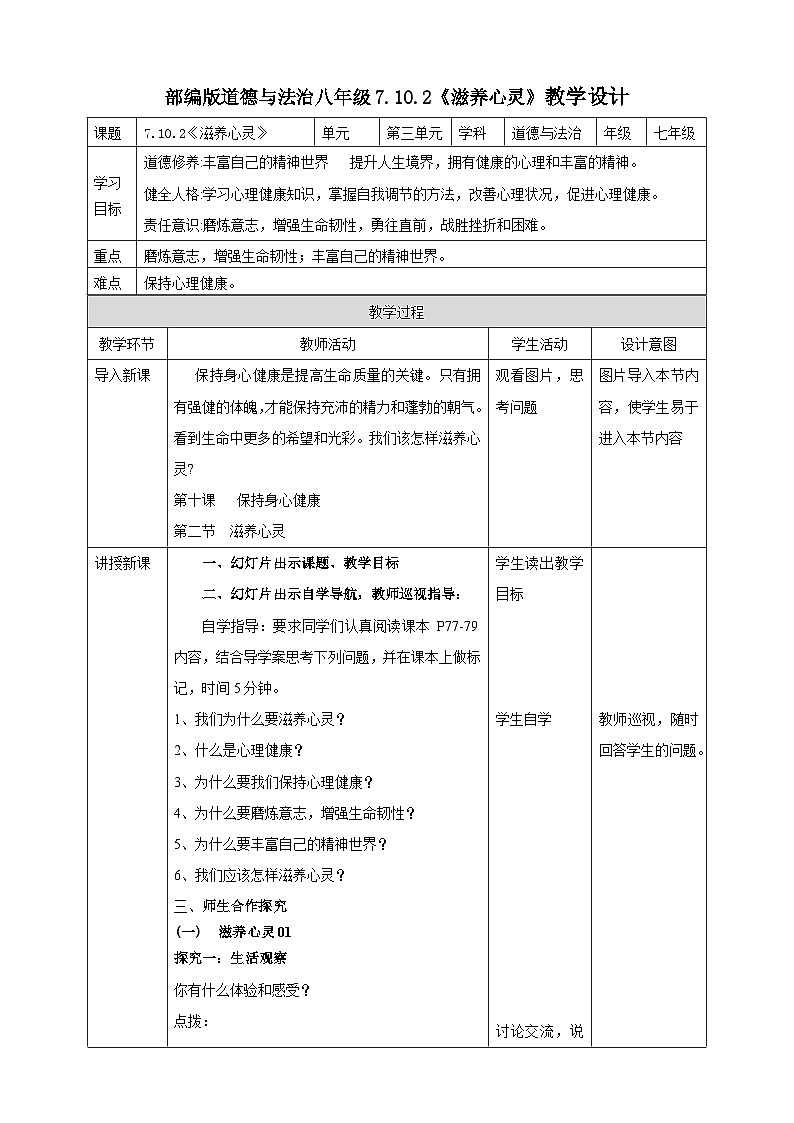 【核心素养】人教部编版道法七上 7.10.2《滋养心灵》课件+教案+学案+练习+素材01