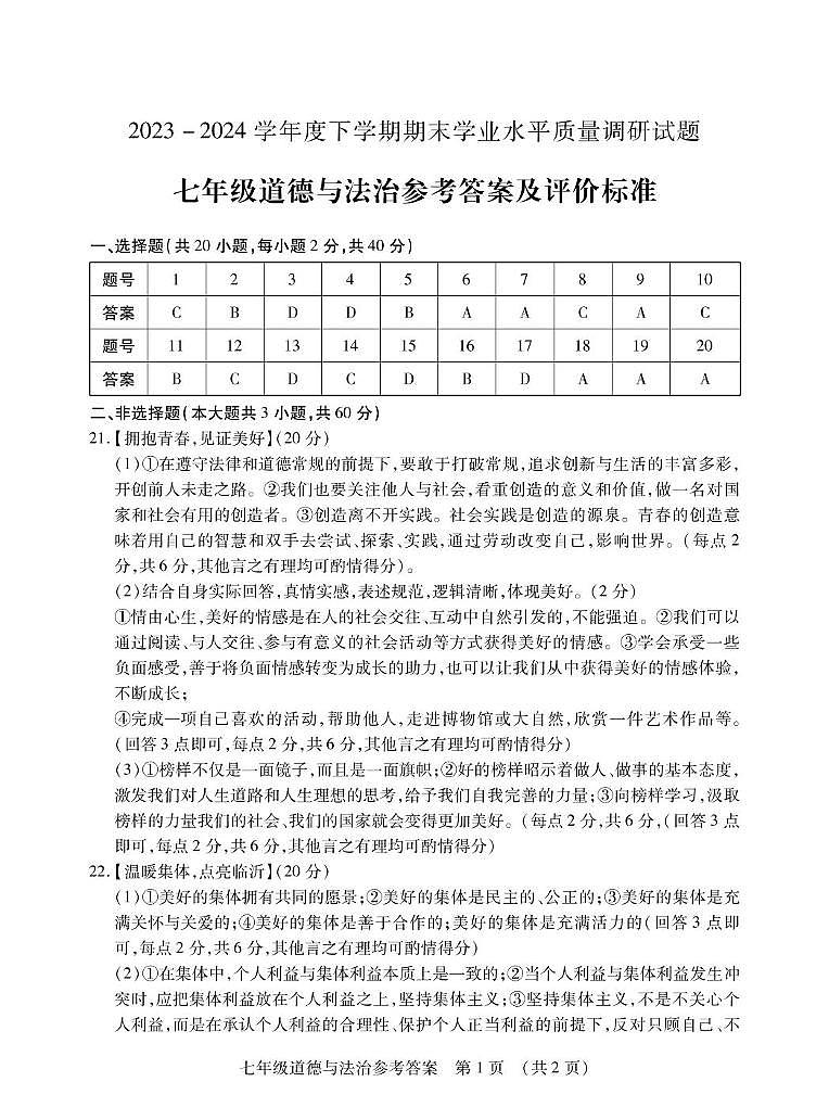 山东省临沂市河东区 2023-2024学年七年级下学期期末考试道德与法治试题01