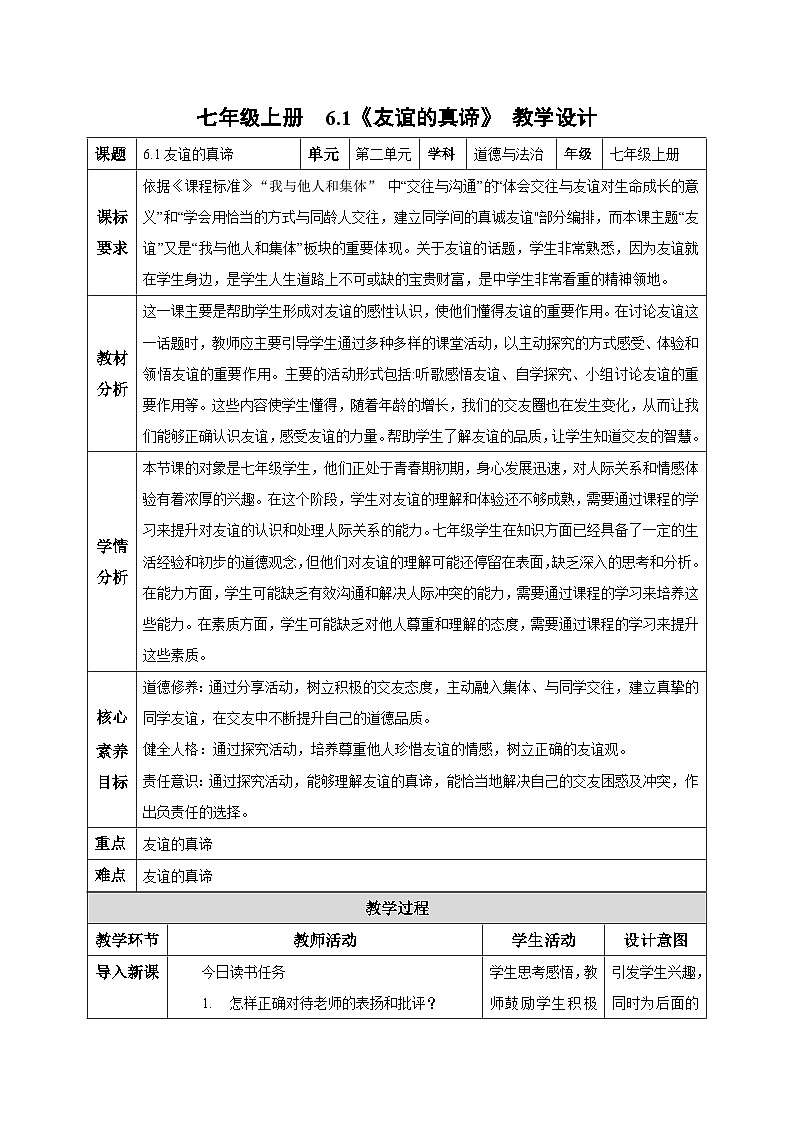 6.1 友谊的真谛（教学设计） 第1页