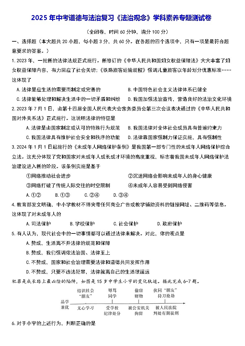 2025年中考道德与法治复习《法治观念》学科素养专题测试卷（含答案）第1页