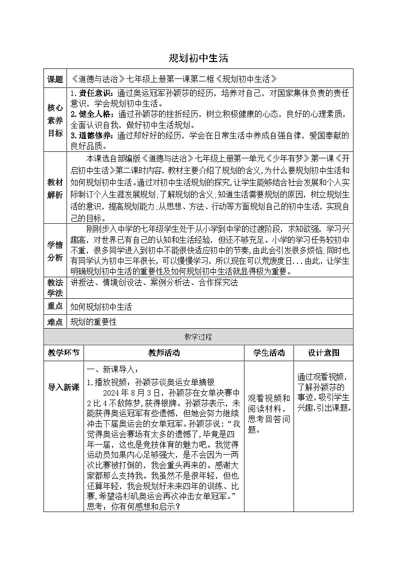 （2024）道德与法治七年级上册教学设计1.1.2 规划初中生活01