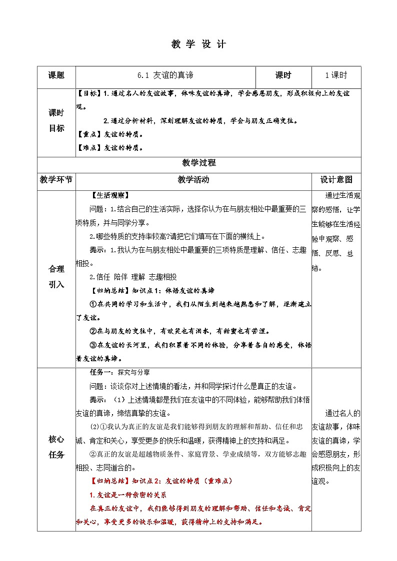 （2024）道德与法治七年级上册教学设计2.6.1 友谊的真谛01