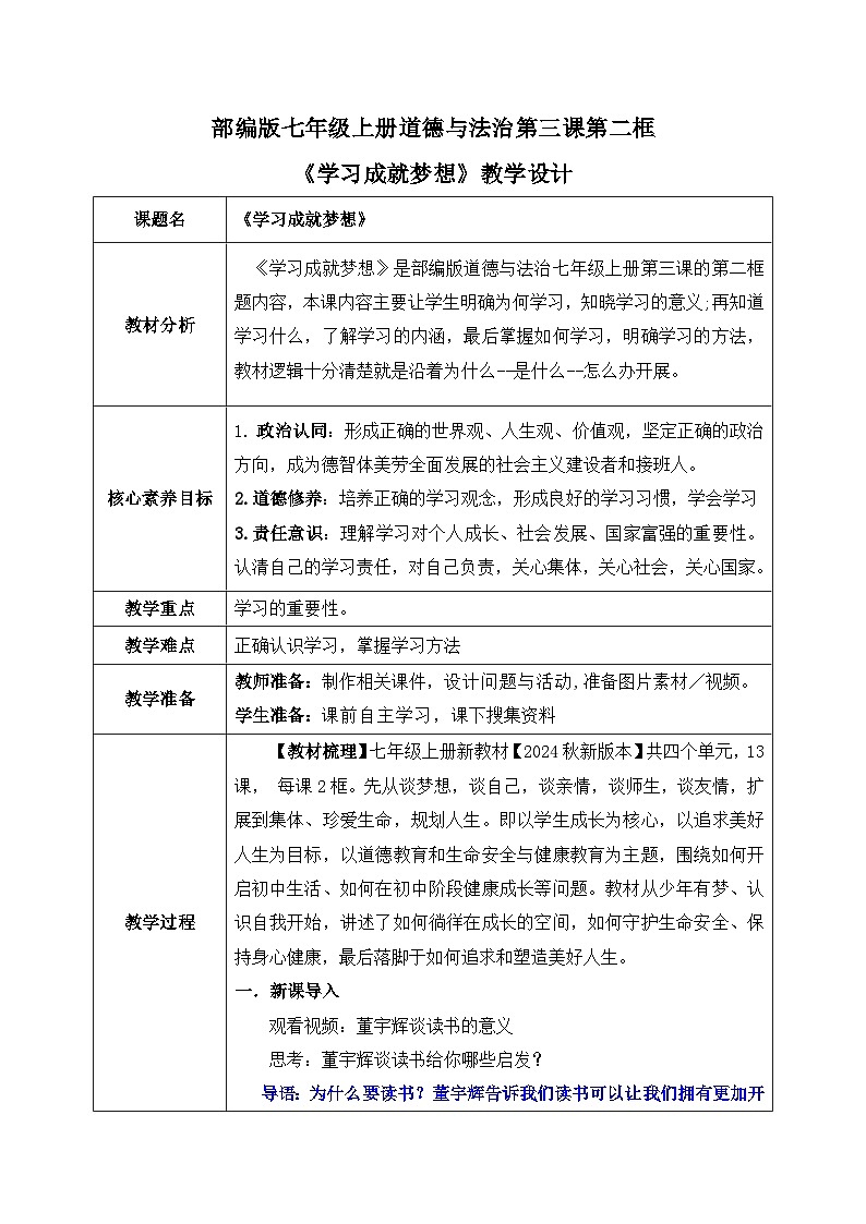3.2《学习成就梦想》2024-2025学年七年级道德与法治课件+教案01