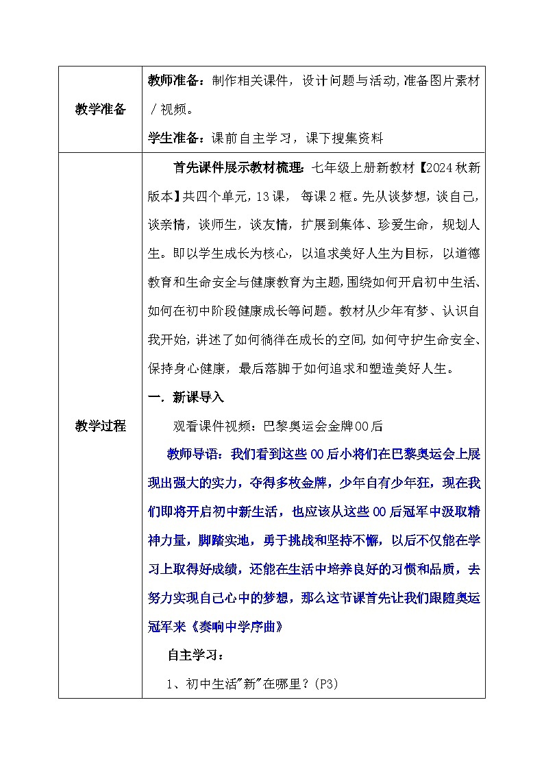 统编版（2024新版）七年级上册道德与法治第一课第一框《奏响中学序曲》教学设计02