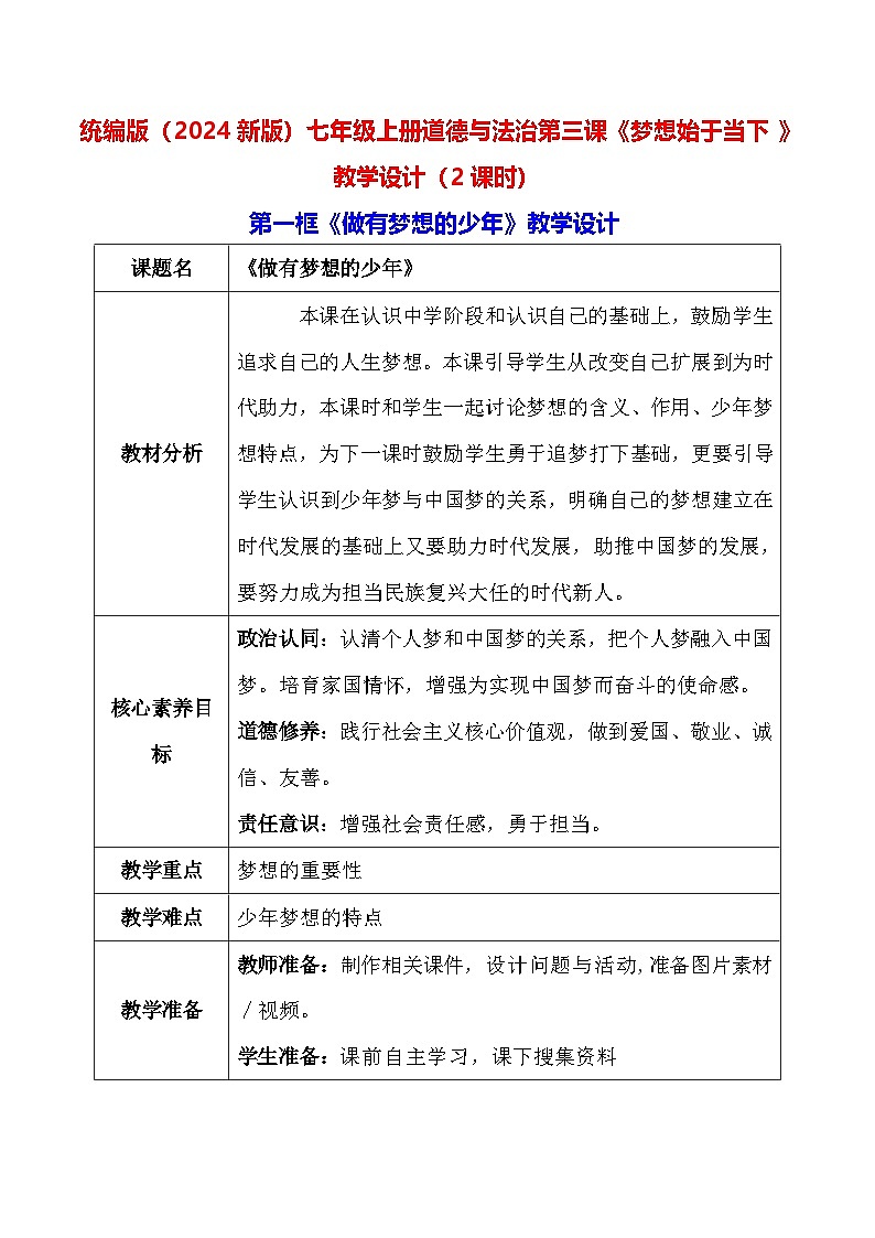 统编版（2024新版）七年级上册道德与法治第三课《梦想始于当下》教学设计（2课时）01