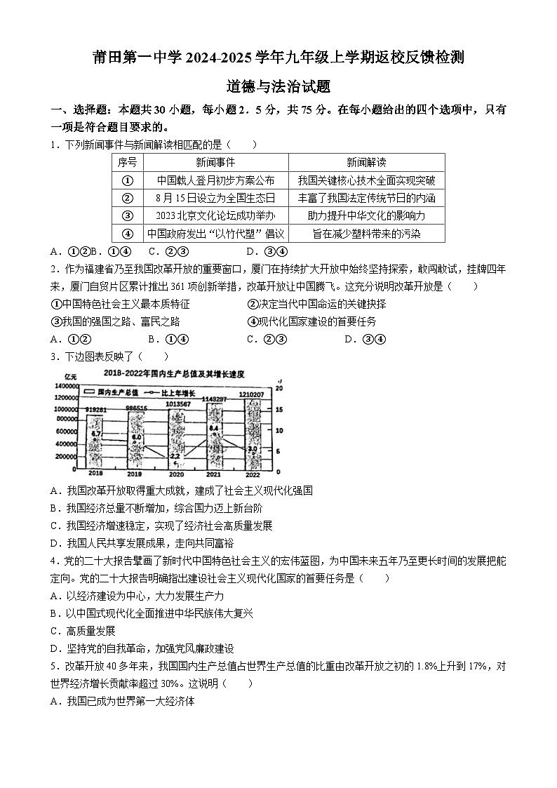 福建省莆田市城厢区莆田第一中学+2024-2025学年九年级上学期开学考试道德与法治试题(无答案)01
