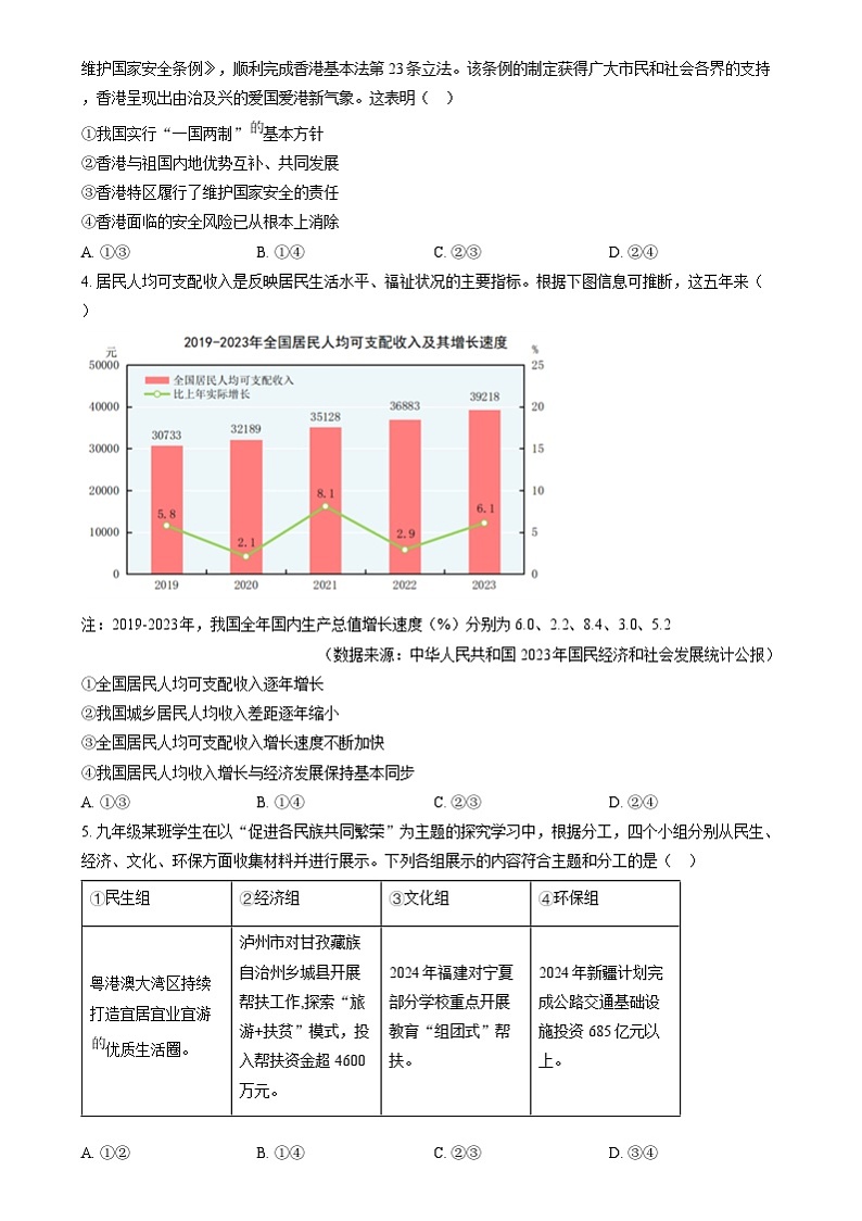 精品解析：2024年四川省泸州市中考道德与法治真题（原卷版）02