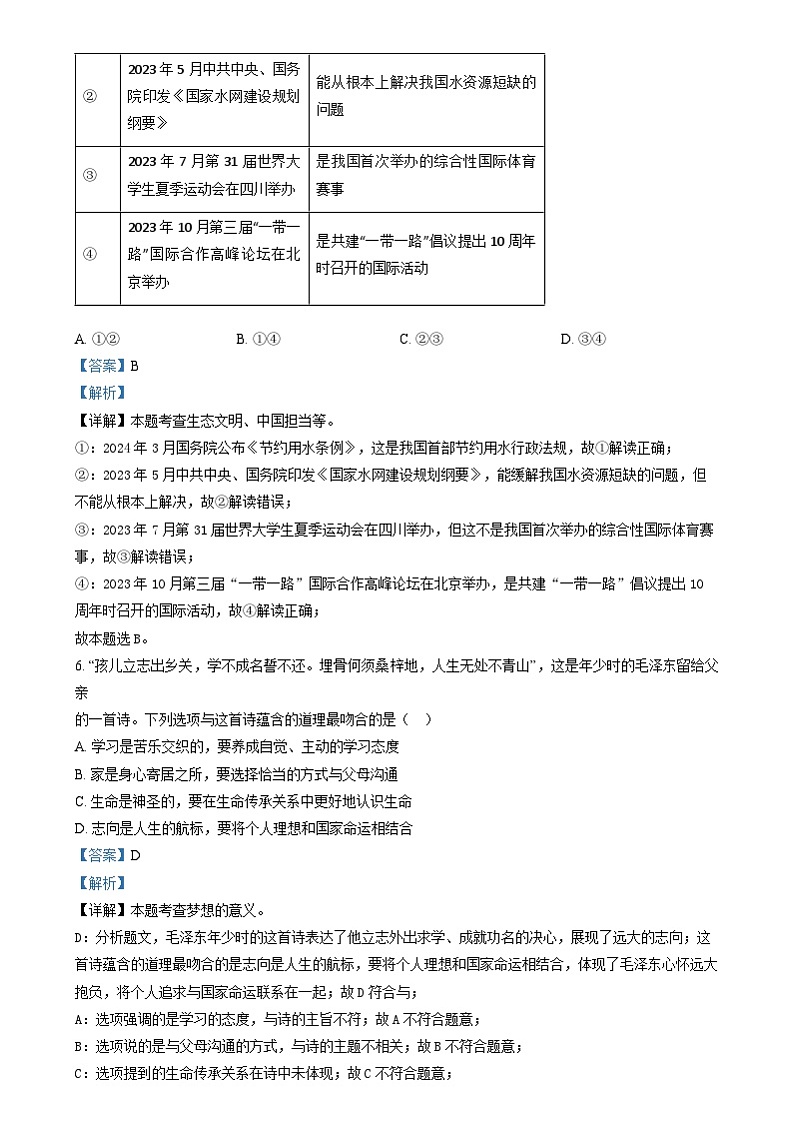 精品解析：2024年福建省中考道德与法治真题（解析版）03