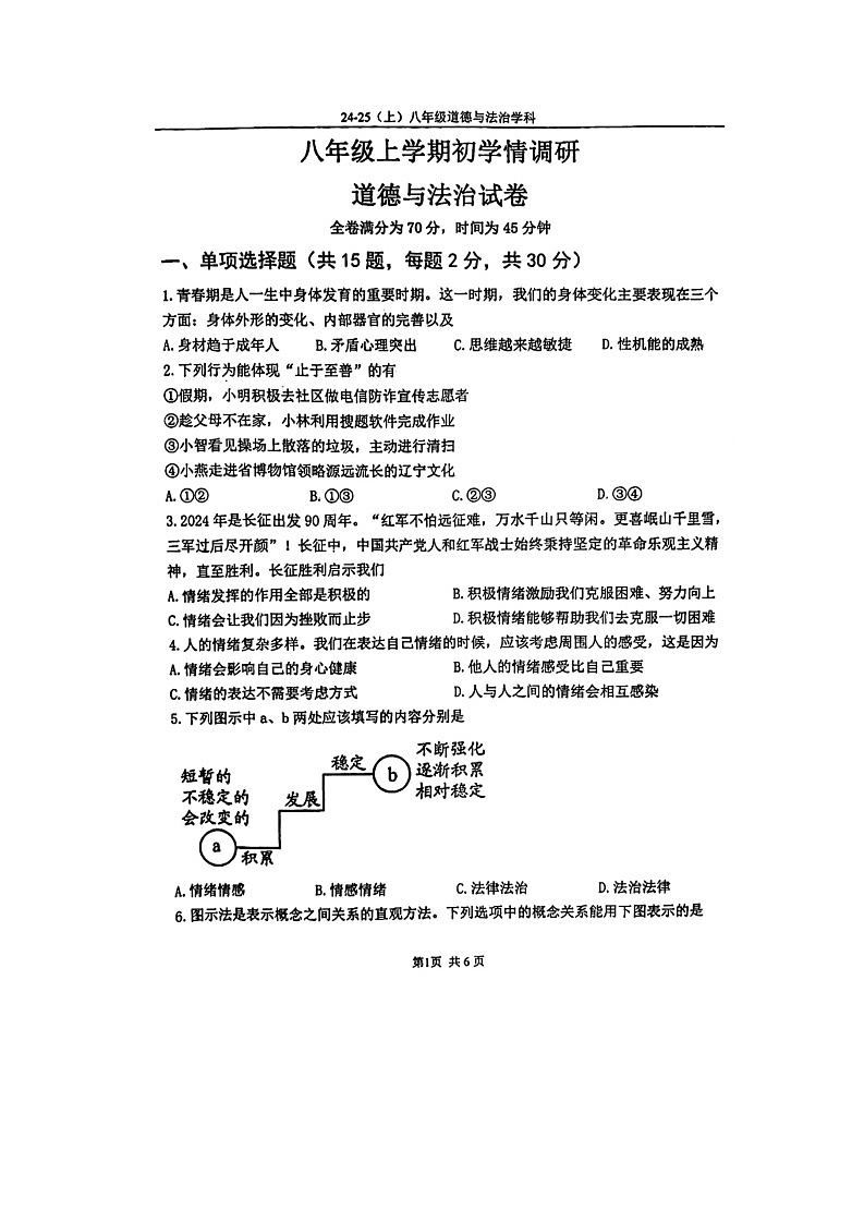 辽宁省辽阳市第一中学2024-2025学年八年级上学期开学道德与法治试题01