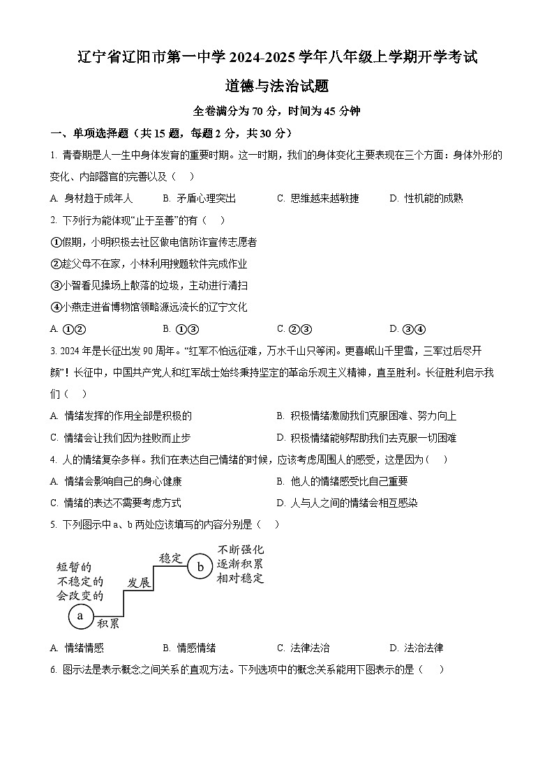 辽宁省辽阳市第一中学2024-2025学年八年级上学期开学考试道德与法治试题（原卷版）01