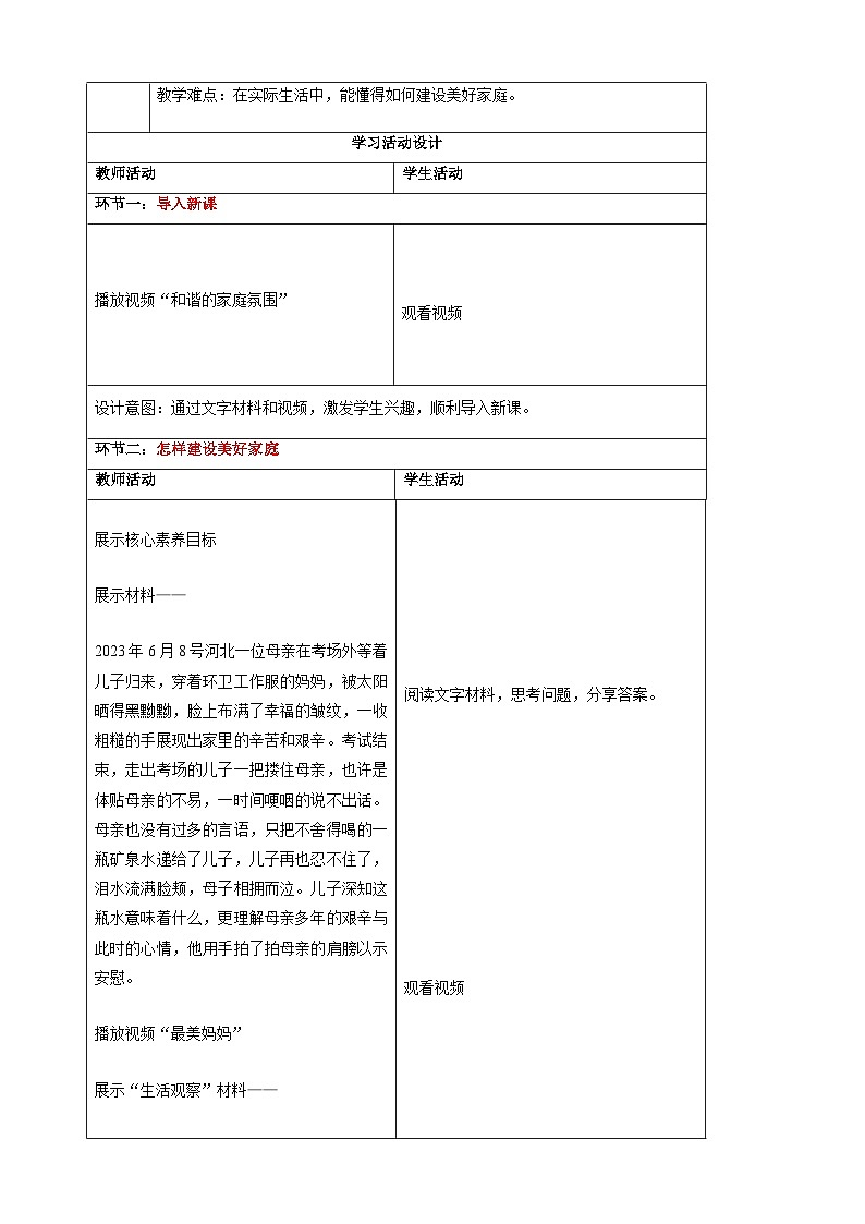 4.2让家更美好-2024-2025学年七年级道德与法治上册单元同步教学设计（统编版2024新教材）02