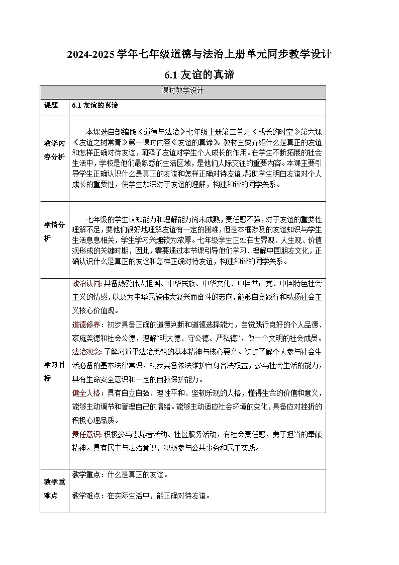 6.1友谊的真谛-2024-2025学年七年级道德与法治上册单元同步教学设计（统编版2024新教材）第1页