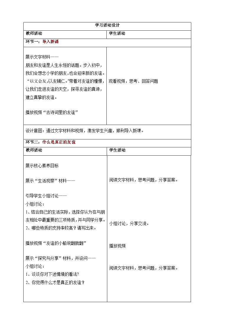6.1友谊的真谛-2024-2025学年七年级道德与法治上册单元同步教学设计（统编版2024新教材）第2页