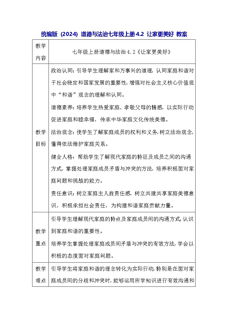 统编版（2024）道德与法治七年级上册4.2 让家更美好 教案01