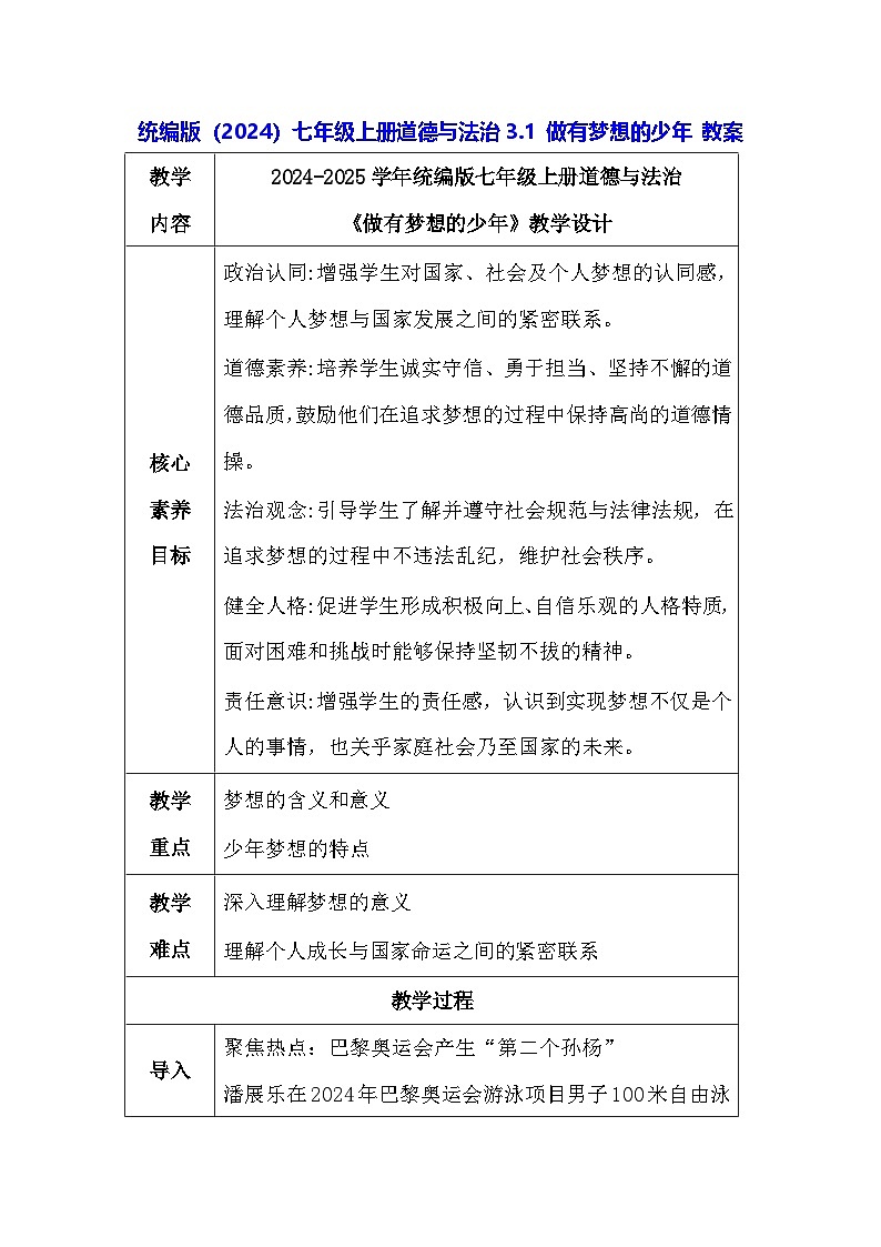 统编版（2024）七年级上册道德与法治3.1 做有梦想的少年 教案01