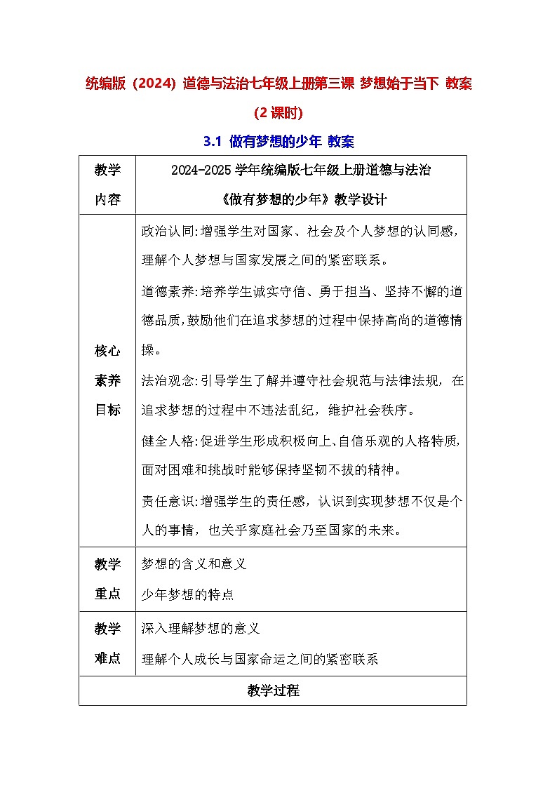 统编版（2024）道德与法治七年级上册第三课 梦想始于当下 教案（2课时）第1页