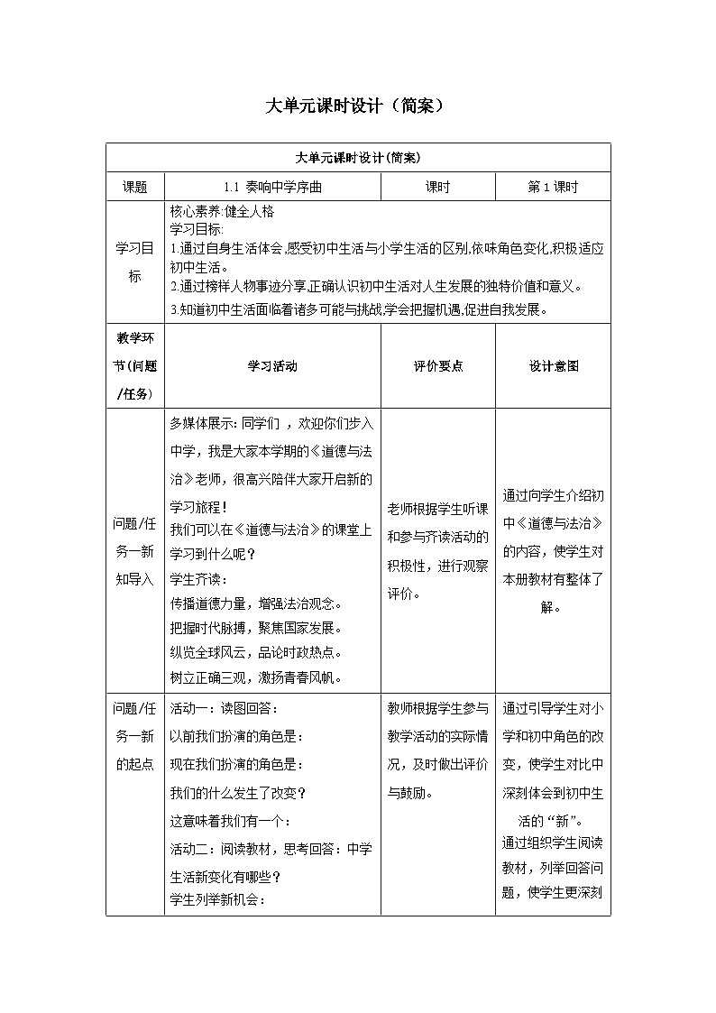 【大单元整体教学】部编版道德与法治七上1.1 奏响中学序曲（课件+大单元教学设计+课时教案）01