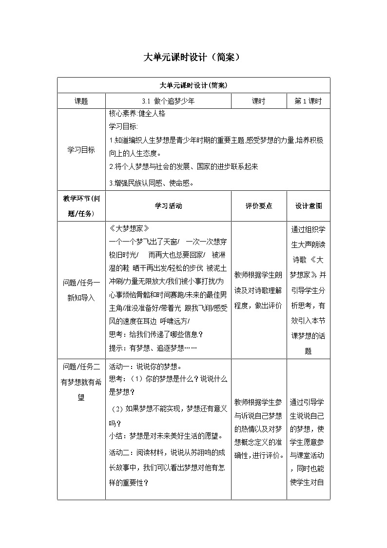 【大单元整体教学】部编版道德与法治七上3.1 做有梦想的少年（课件+大单元教学设计+课时教案）01