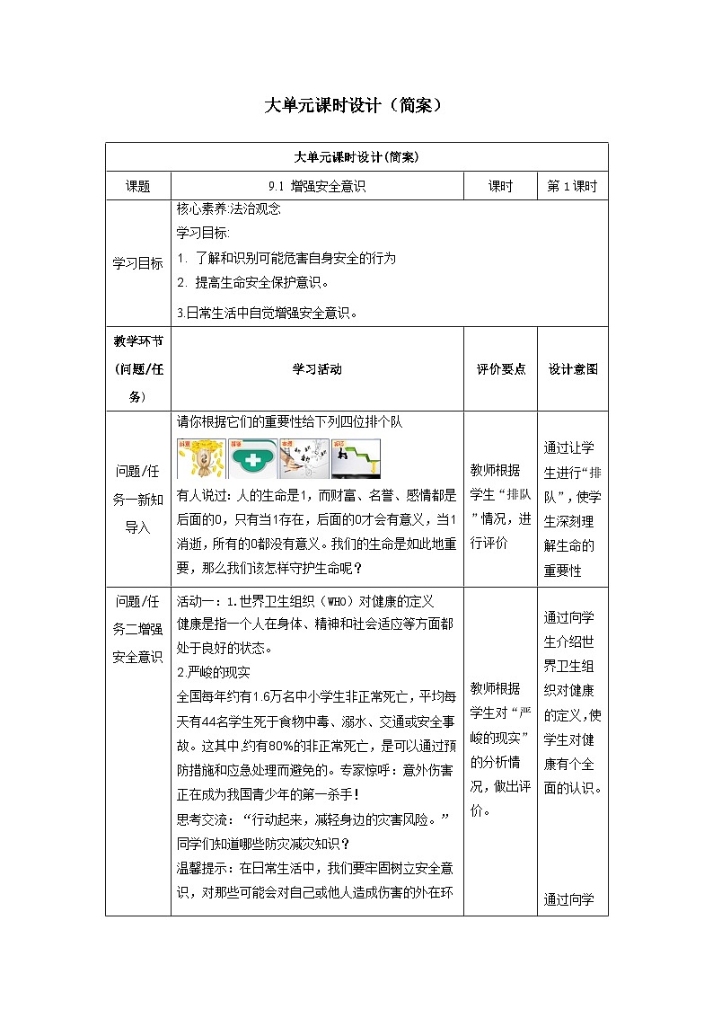 【大单元整体教学】部编版道德与法治七上9.1 增强安全意识（课件+大单元教学设计+课时教案）01