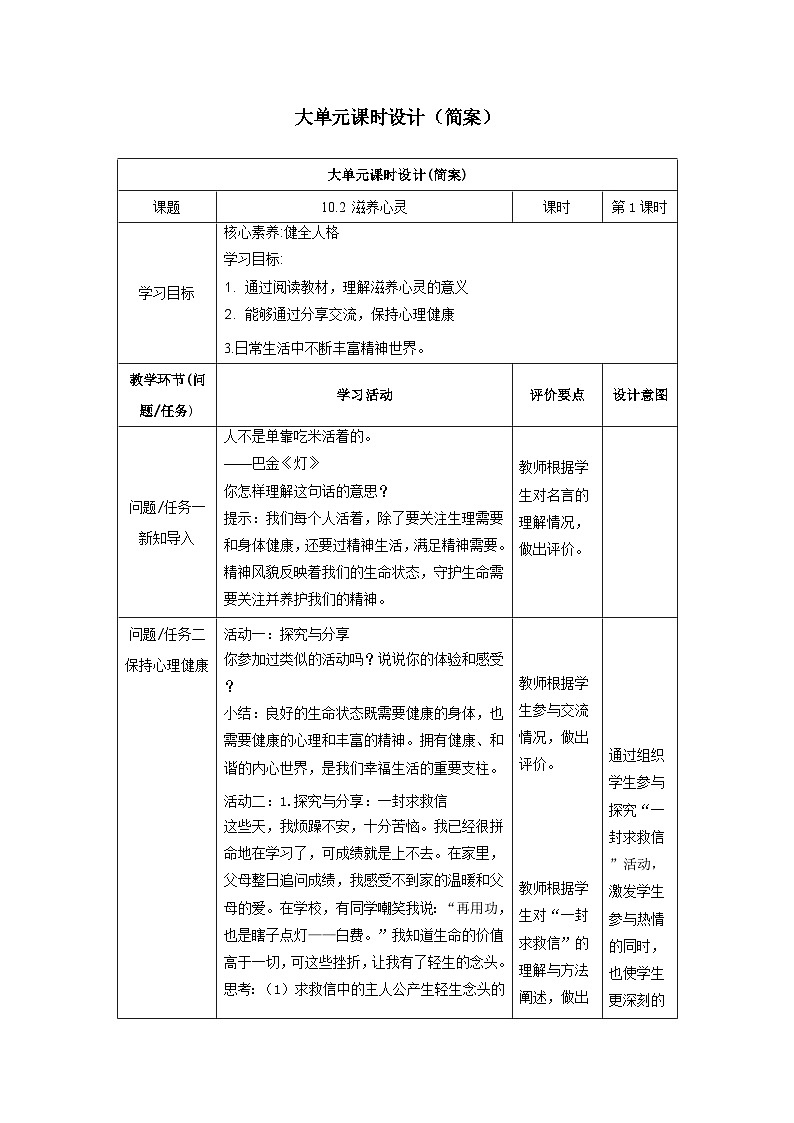 【大单元整体教学】部编版道德与法治七上10.2 滋养心灵（课件+大单元教学设计+课时教案）01