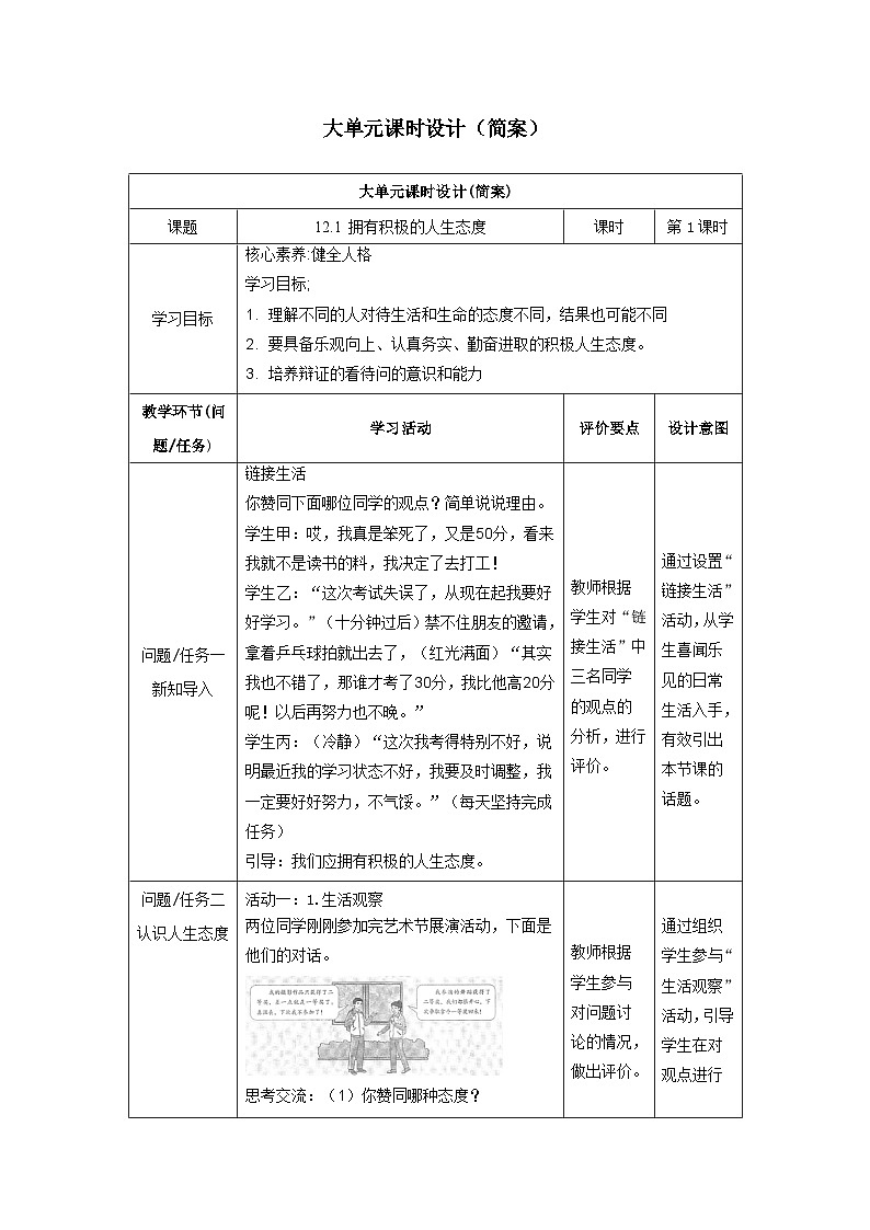 【大单元整体教学】部编版道德与法治七上12.1 拥有积极的人生态度（课件+大单元教学设计+课时教案）01