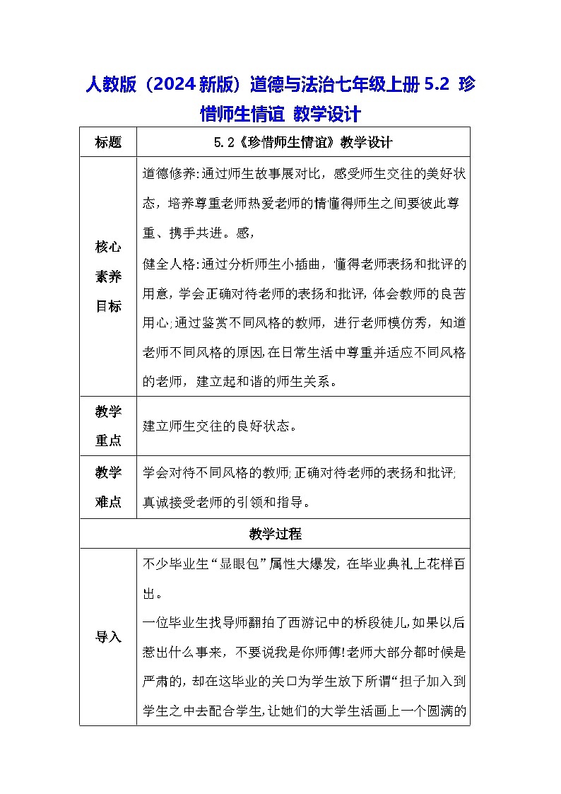 人教版（2024新版）道德与法治七年级上册5.2 珍惜师生情谊 教学设计第1页