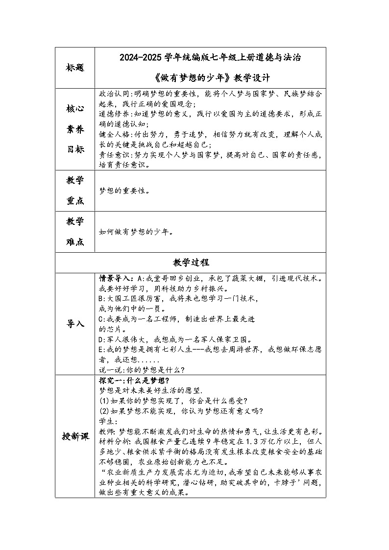 2024-2025学年统编版七年级上册道德与法治《做有梦想的少年》教学设计第1页