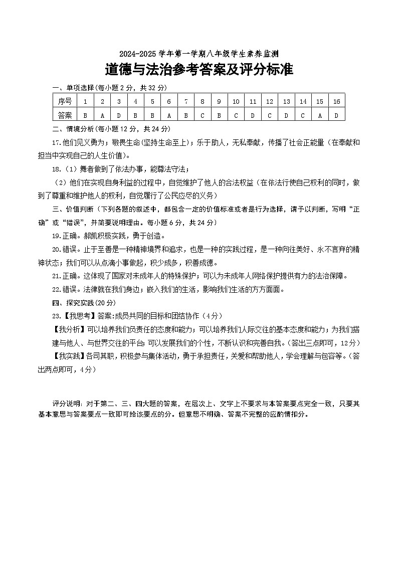 山东省德州市宁津县2024-2025学年八年级上学期开学道德与法治试题01