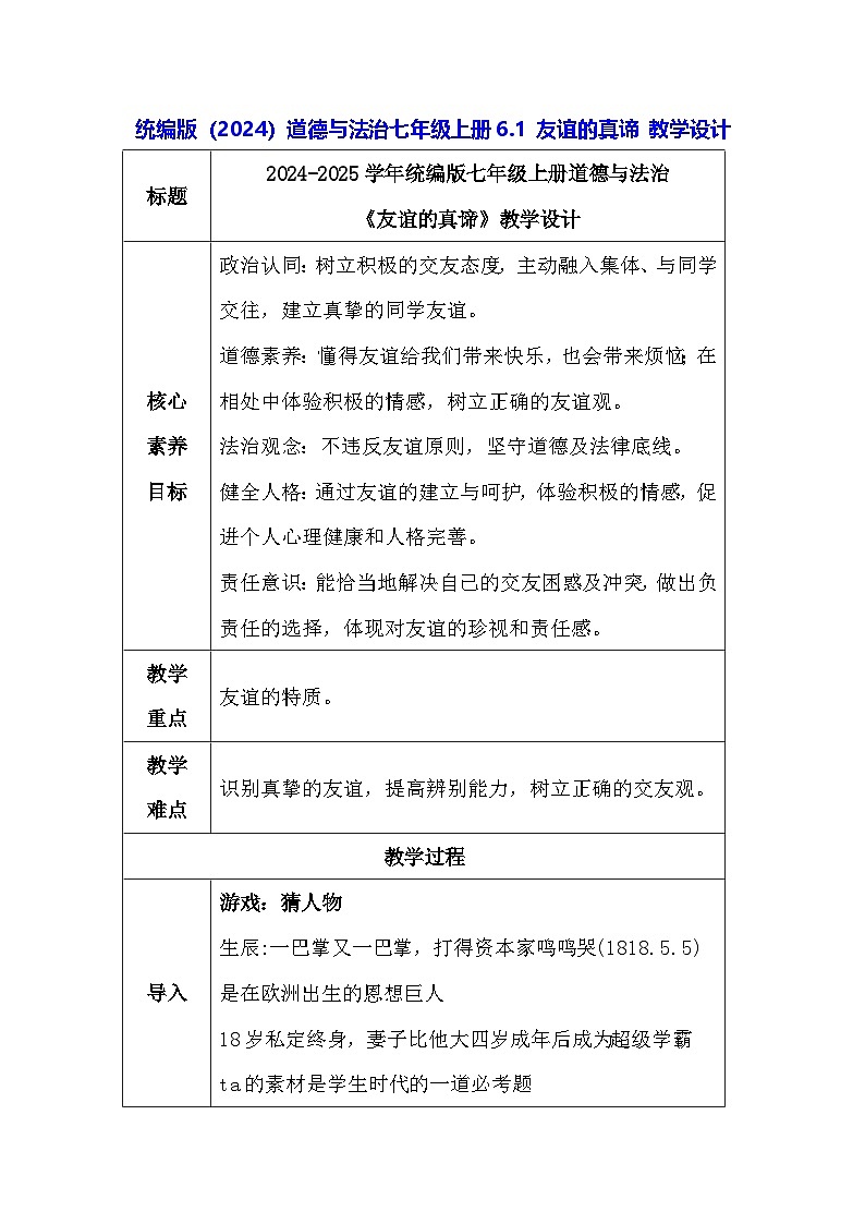统编版（2024）道德与法治七年级上册6.1 友谊的真谛 教学设计第1页