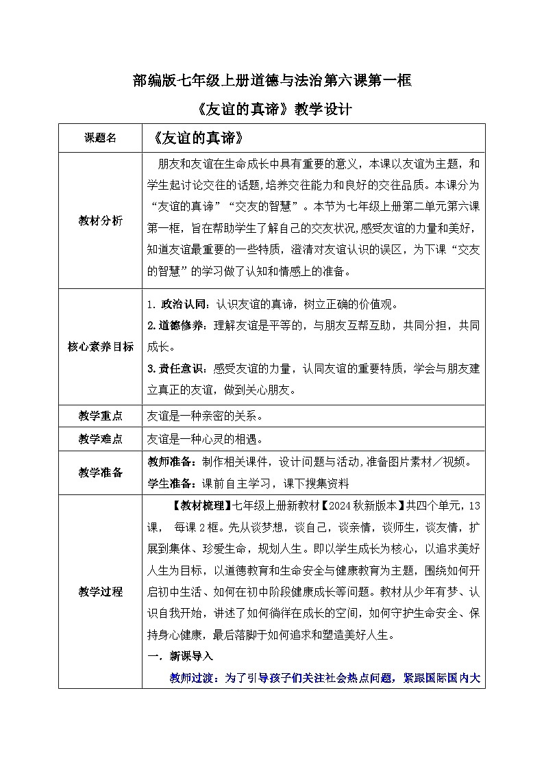 6.1《友谊的真谛 》2024-2025学年七年级道德与法治教案第1页