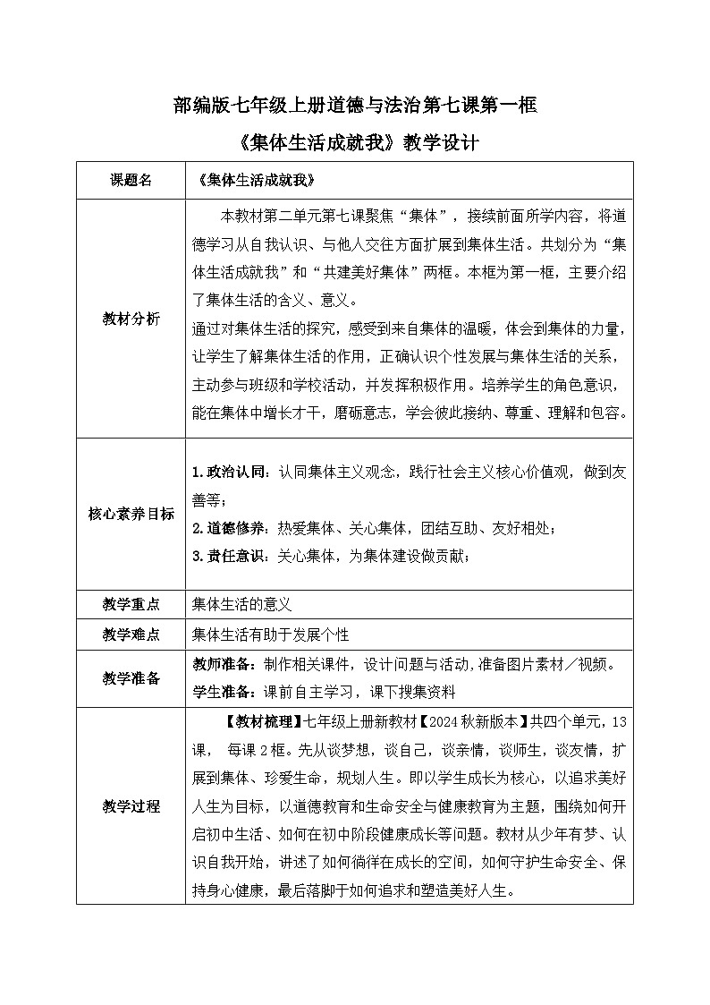 7.1《集体生活成就我》2024-2025学年七年级道德与法治课件+教案01