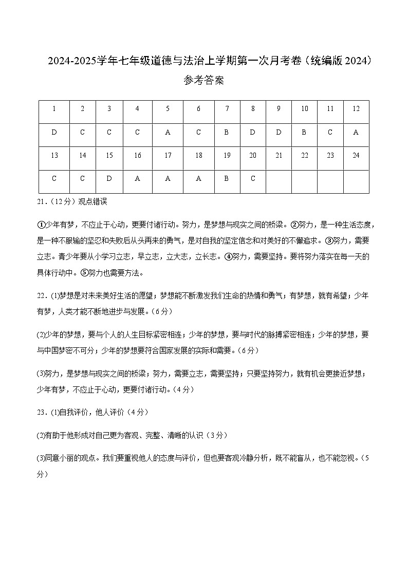 七年级道德与法治第一次月考卷02（参考答案）（统编版2024）第1页