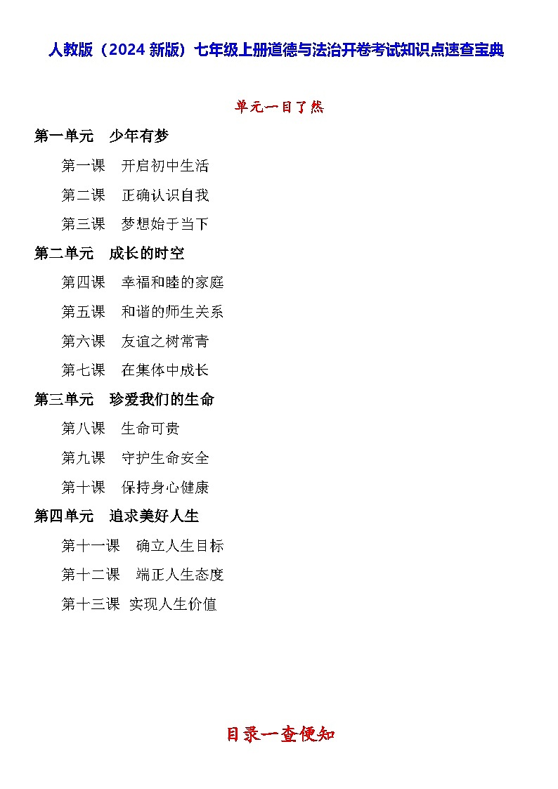 人教版（2024新版）七年级上册道德与法治开卷考试知识点速查宝典第1页
