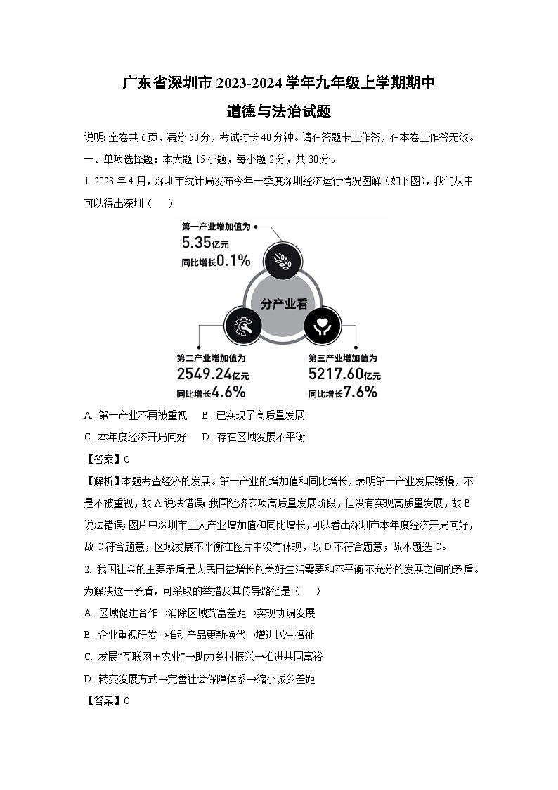 【道德与法治】广东省深圳市2023-2024学年九年级上学期期中试题（解析版）第1页