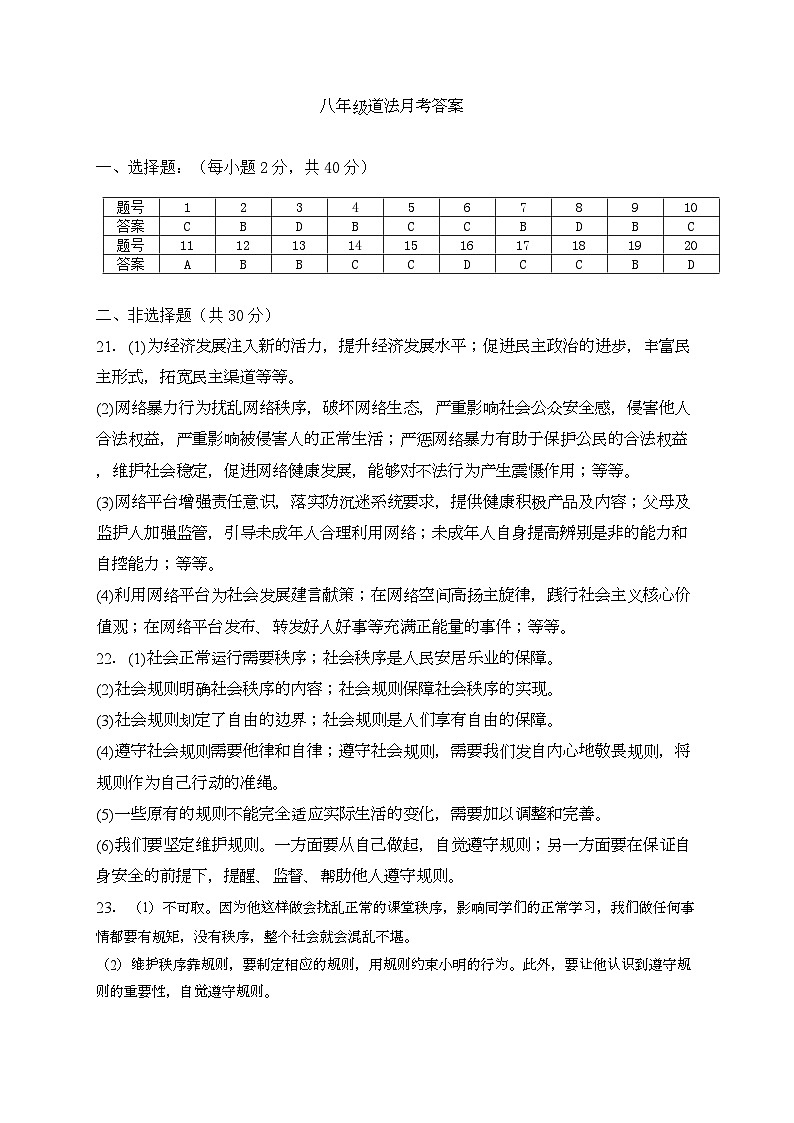 河南省南阳市内乡县赵店初级中学2024-2025学年八年级上学期9月月考道德与法治试题答案第1页