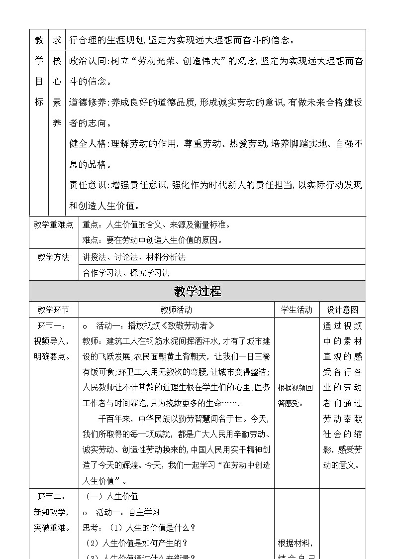 统编版七年级上册道德与法治13.1《在劳动中创造人生价值》教学设计02