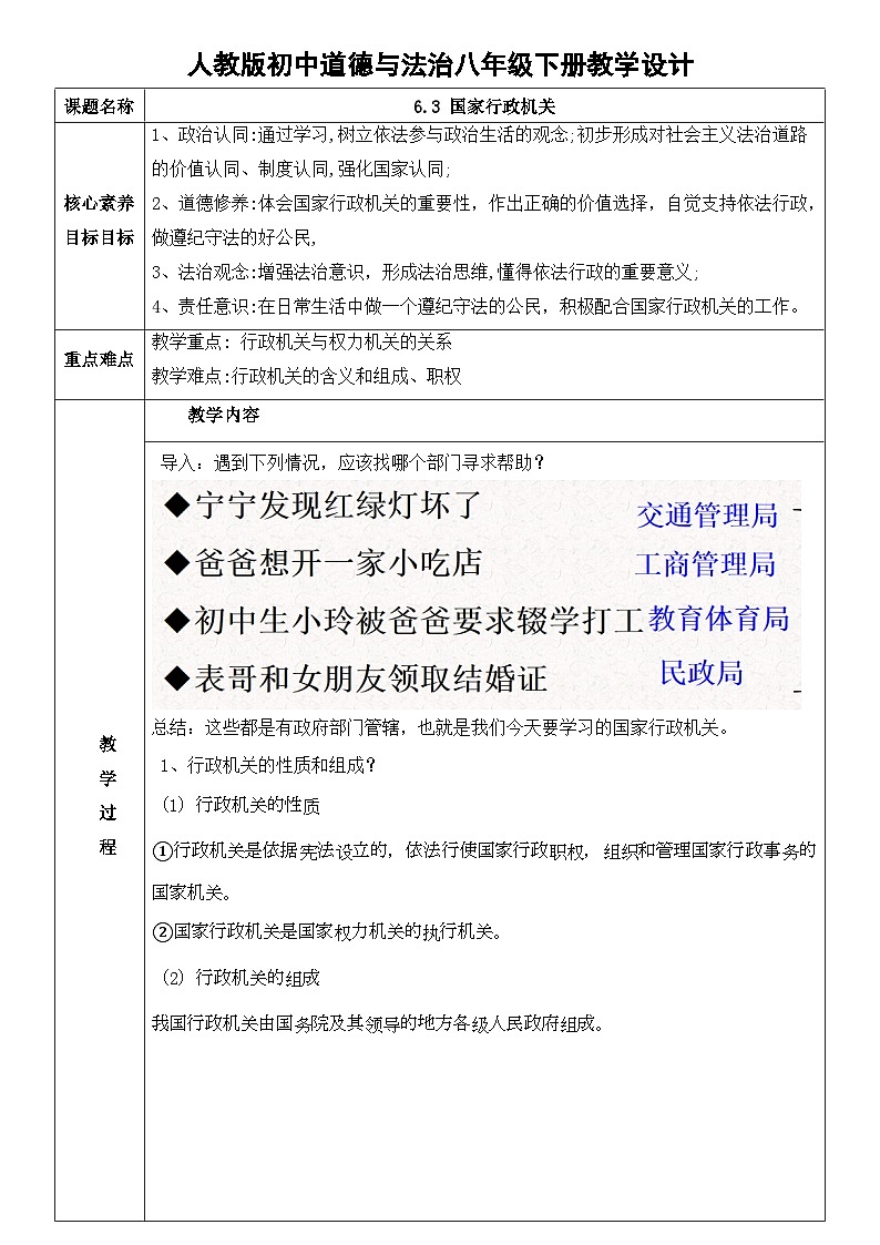 （核心素养目标）部编版八年级下册道德与法治6.3 国家行政机关 教案第1页