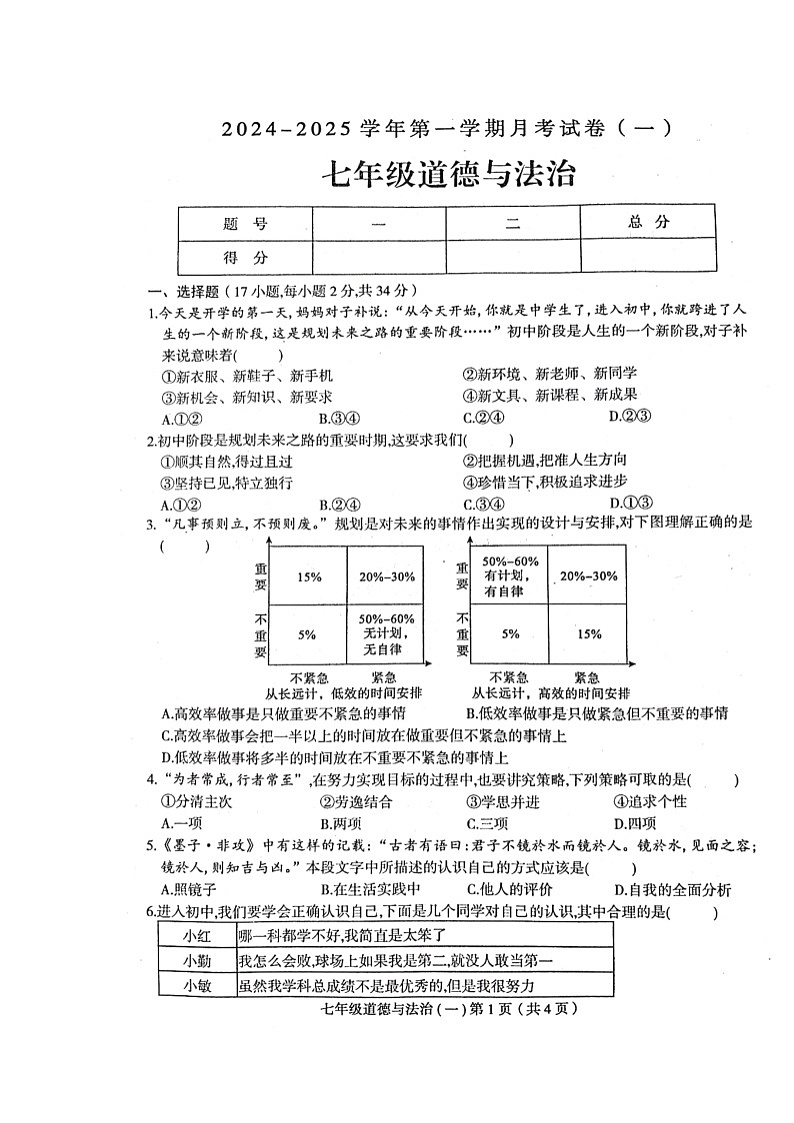 河南省周口市郸城县2024-2025学年七年级上学期10月月考道德与法治试题第1页