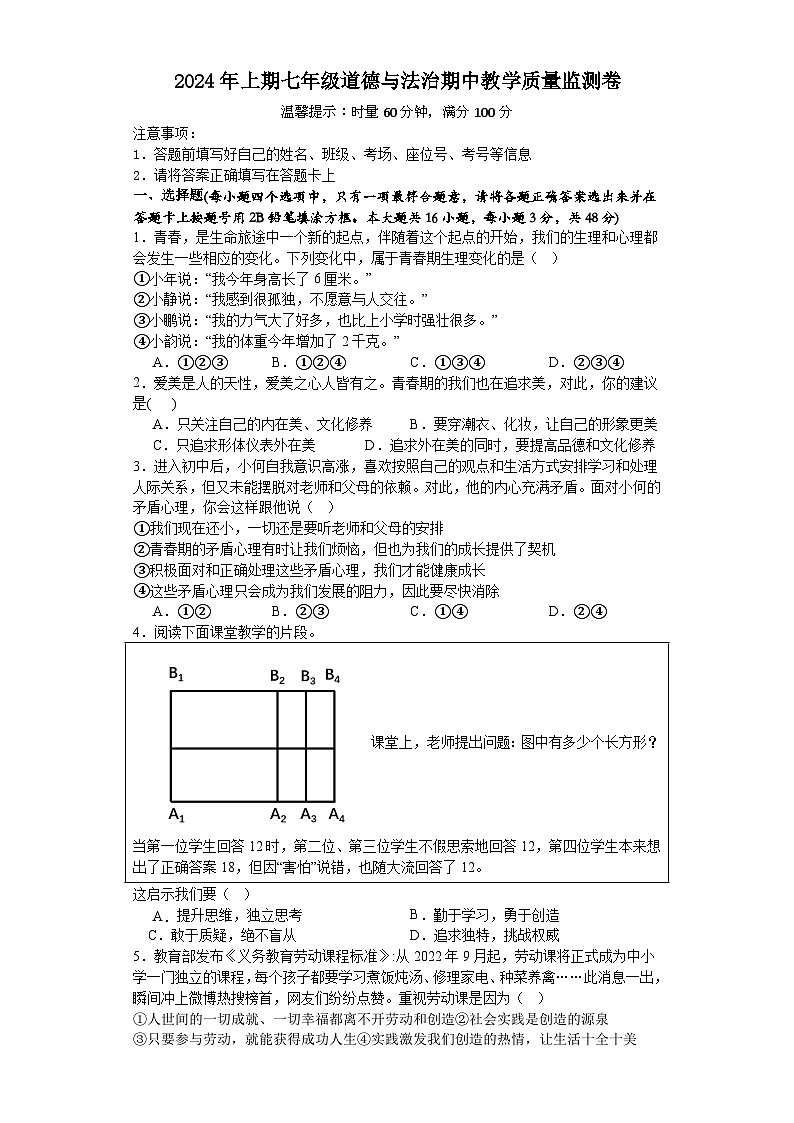湖南省郴州市宜章县第八中学2023-2024学年七年级下学期期中道德与法治试卷第1页