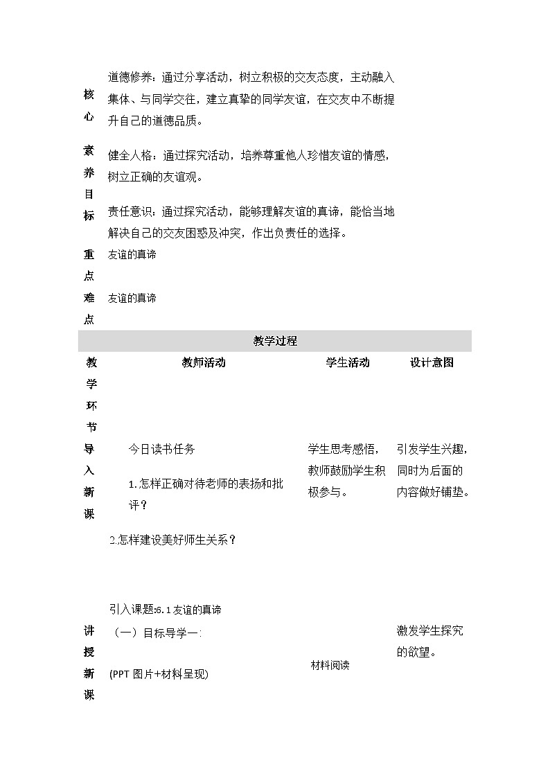 七年级上册  6.1《友谊的真谛》 教学设计第2页