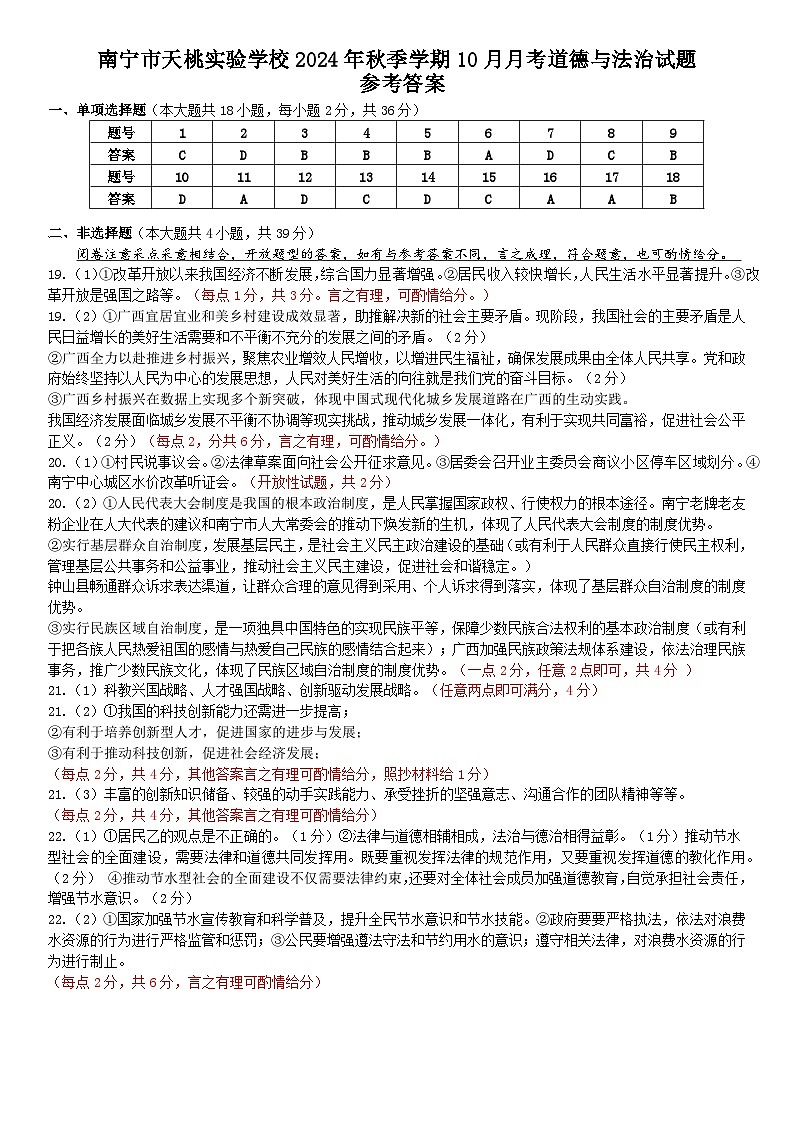 南宁市天桃实验学校2024年秋季学期10月月考道德与法治试题参考答案第1页