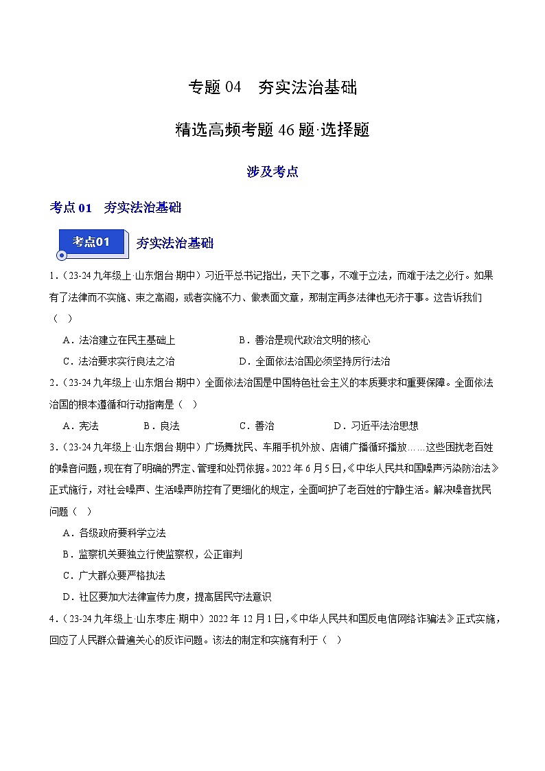 专题04 夯实法治基础（精选高频选择题46题）（学生版） 备战2024-2025学年九年级道德与法治上学期期中真题分类汇编（山东专用）练习第1页