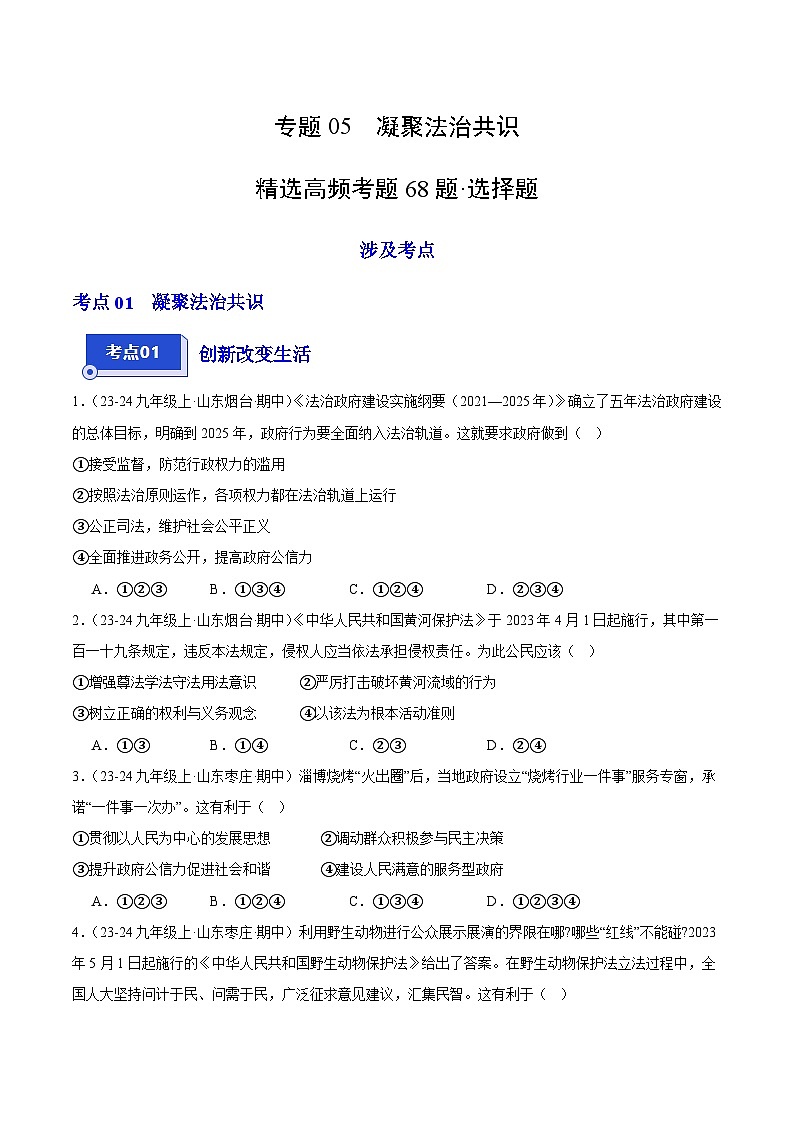 专题05 凝聚法治共识（精选高频选择题68题）（学生版） 备战2024-2025学年九年级道德与法治上学期期中真题分类汇编（山东专用）练习第1页