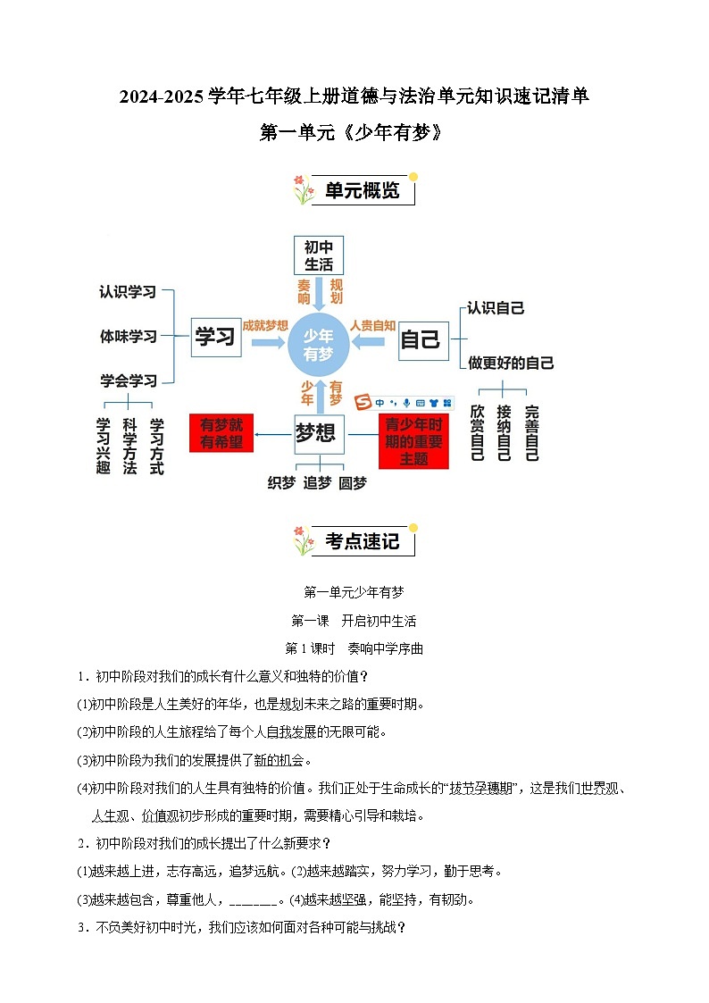 第一单元《少年有梦》-2024-2025学年七年级上册道德与法治单元知识讲义（统编版2024）第1页