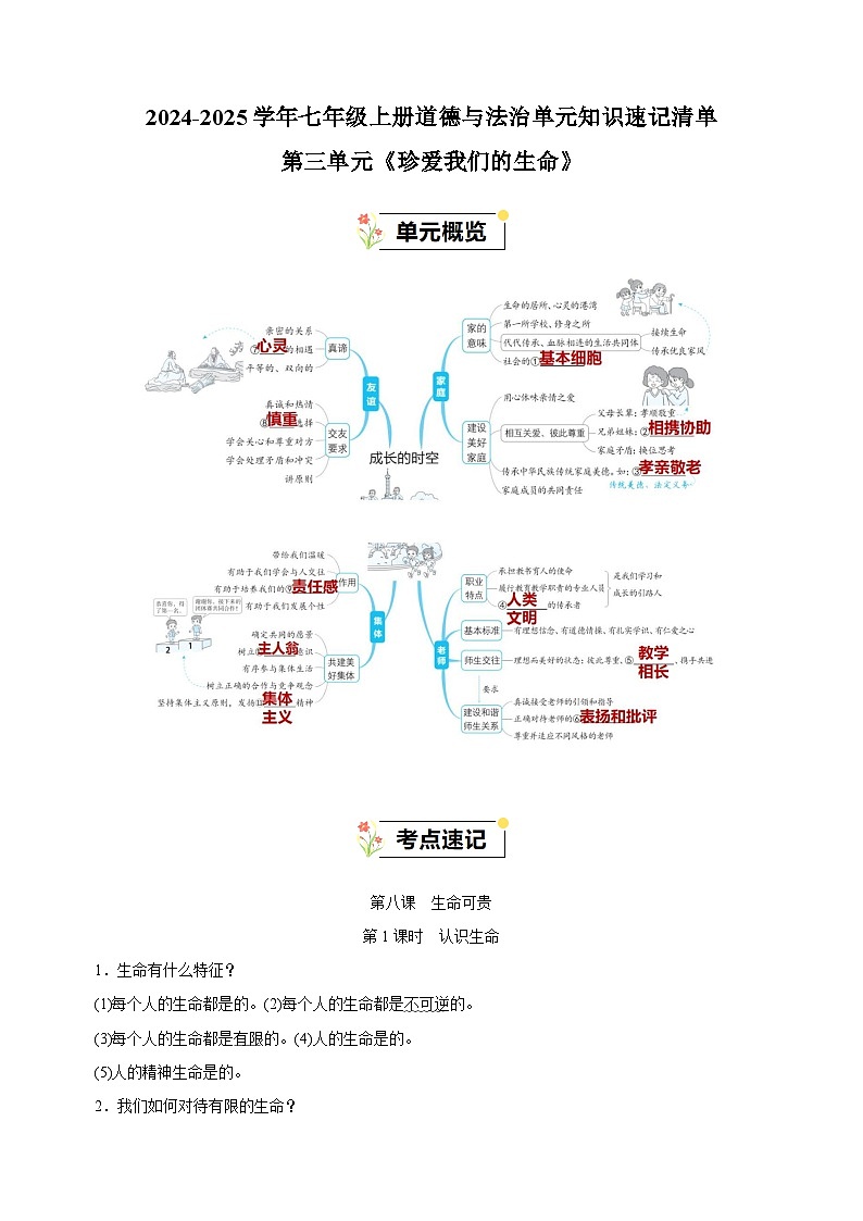 第三单元《 珍爱我们的生命》-2024-2025学年七年级上册道德与法治单元知识讲义（统编版2024）01