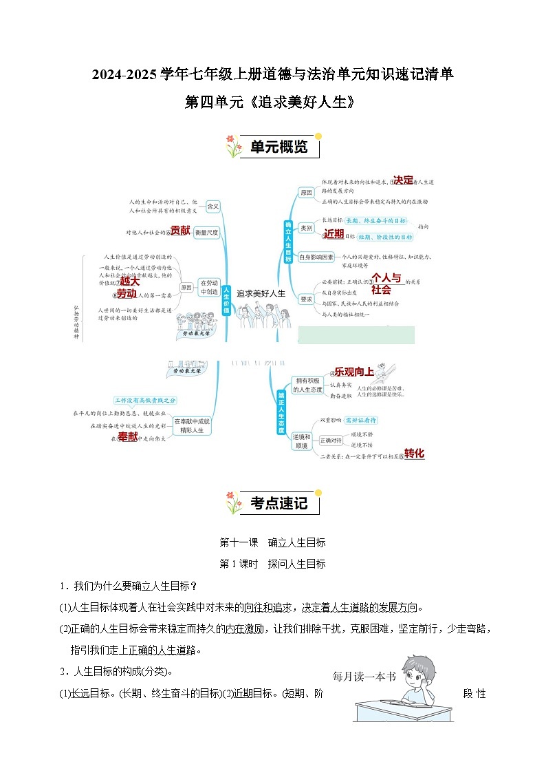 第四单元《追求美好人生》-2024-2025学年七年级上册道德与法治单元知识讲义（统编版2024）第1页
