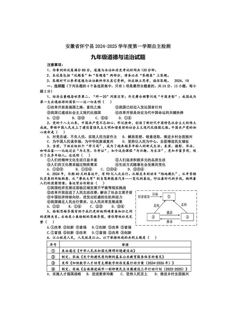 [政治]安徽省怀宁县2024～2025学年九年级上学期自主检测月考试卷(有答案)第1页
