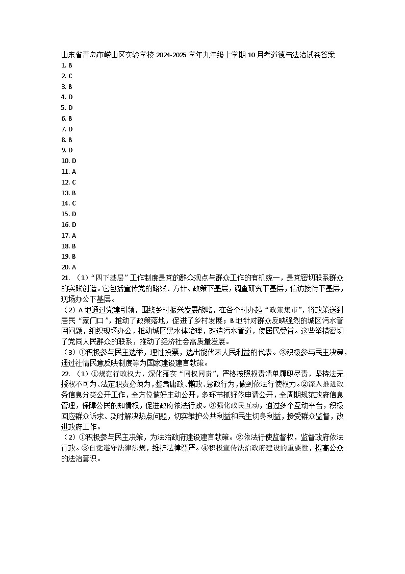 山东省青岛市崂山区实验学校 2024-2025学年九年级上学期10月考道德与法治试卷01