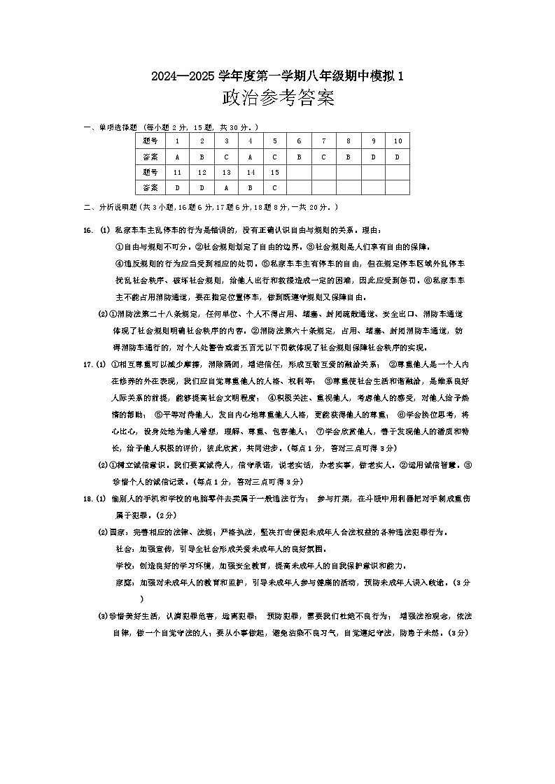 江苏省宿迁市沭阳县怀文中学2024-2025学年八年级上学期期中模拟预测道德与法治试题01